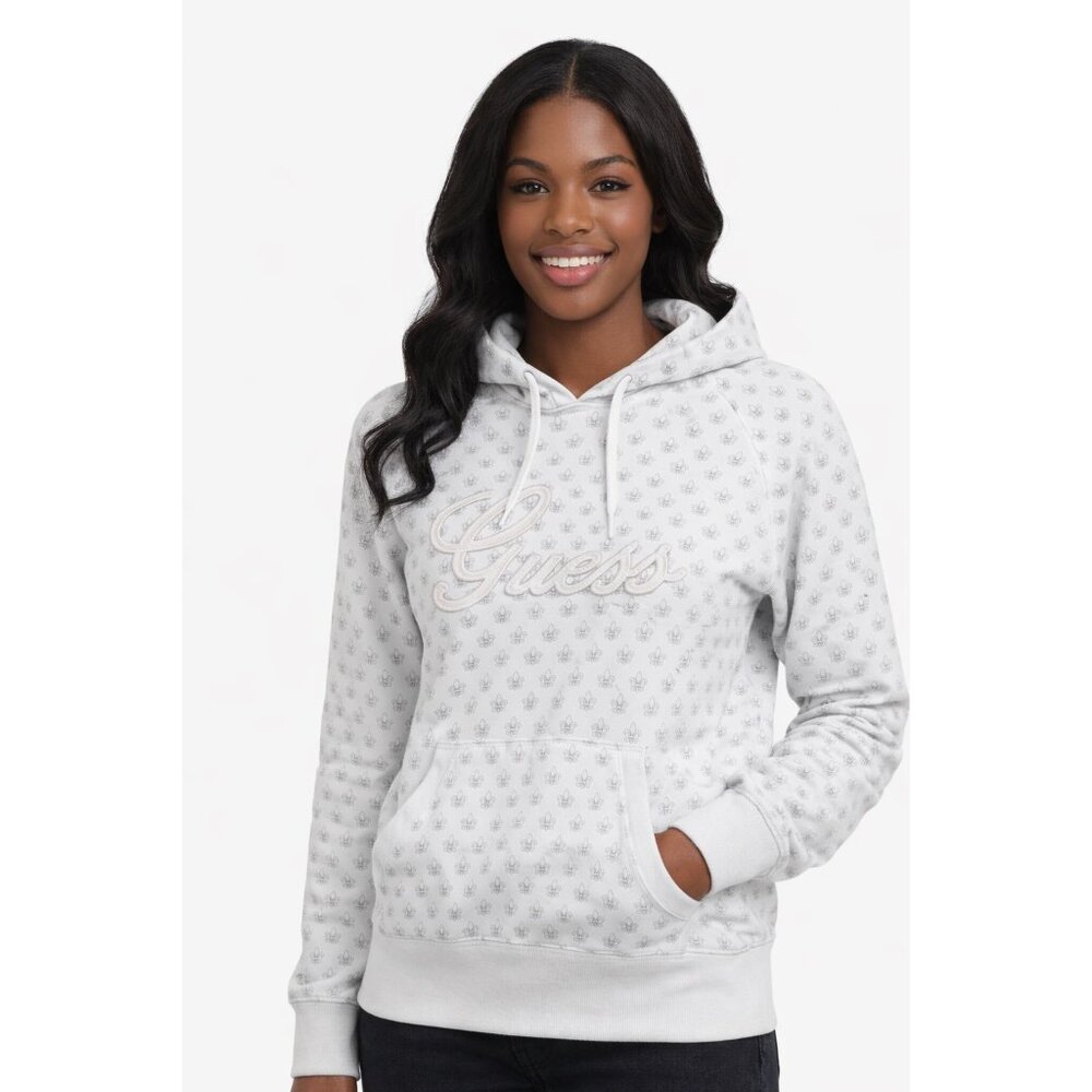 Guess Fleur-de-lis Logo Hoodie White All Over Print Pullover Large